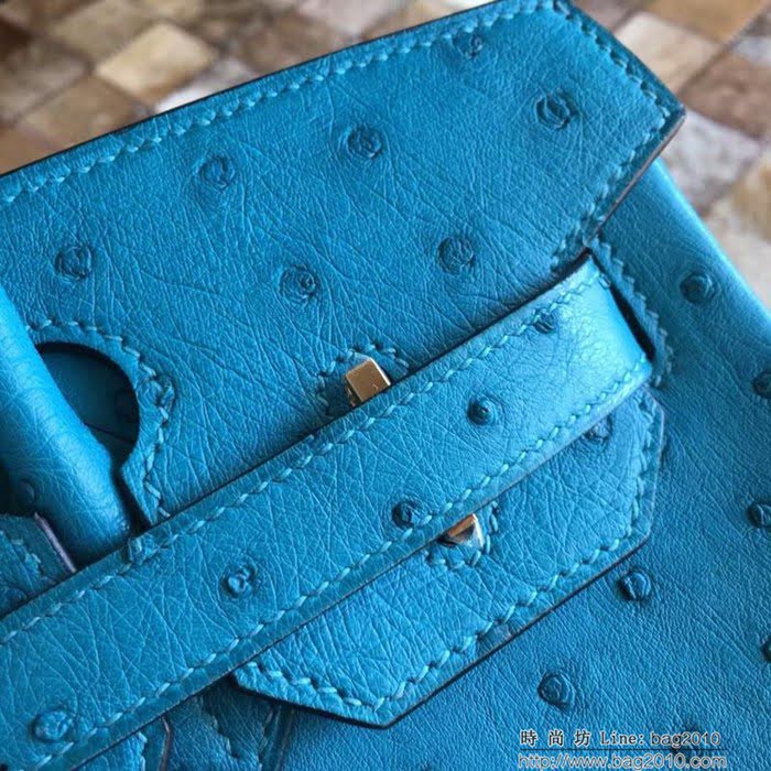 HERMES愛馬仕 鉑金包 Birkin 南非原產KK級鴕鳥皮 頂級工藝 依滋密爾藍 手縫蠟線 手提包  Ama1230